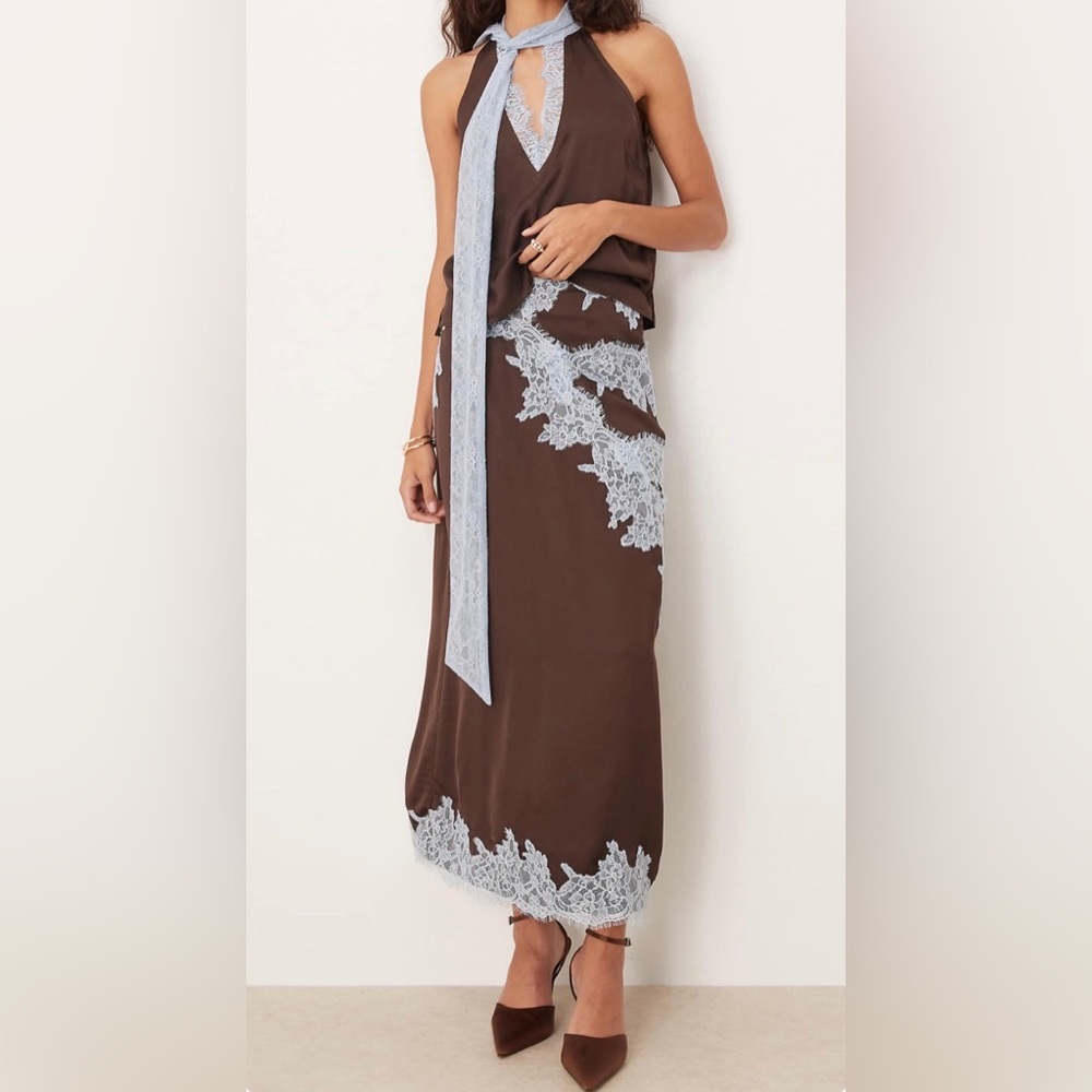 Brown Slip Skirt with Light Blue Lace Appliqué - Sold as Set